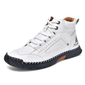 White fashion men's PU leather high-top ankle boots with unique hand-stitched details