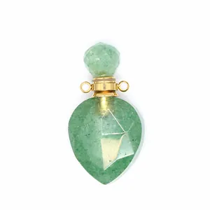 Detail of a faceted green aventurine stone perfume bottle pendant necklace.