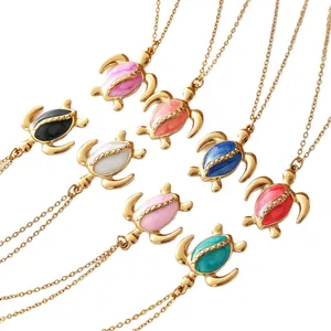 Colorful enamel sea turtle pendant necklace in gold-plated stainless steel