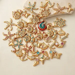 Gold Plated Stainless Steel Ocean Pendants With Rhinestone Starfish Conch Shell Charms For DIY Jewelry Making Women Accessories