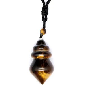 Natural tiger eye stone conical pendant necklace with black braided cord