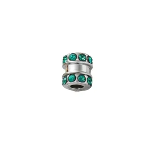 Minimalist silver stainless steel round bead charm with sparkling green zircon insets for DIY jewelry