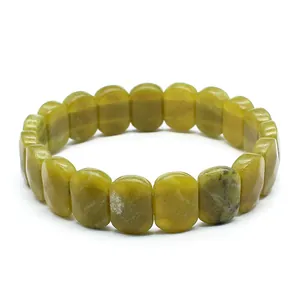 Detailed macro view of a fashionable natural yellowish-green stone faceted slab bracelet