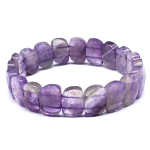 Close-up of faceted purple amethyst stone rectangular beads on a handcrafted bracelet.
