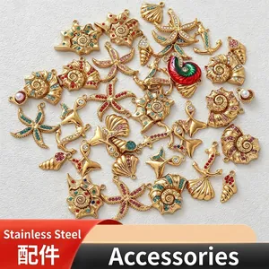 Gold plated stainless steel ocean charms with colorful cubic zirconia for DIY jewelry making