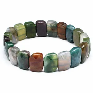Detailed view of faceted Indian Agate rectangular bead bracelet with natural textures
