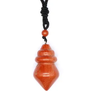 Red jasper stone cone pendant with adjustable black braided rope necklace cord for jewelry