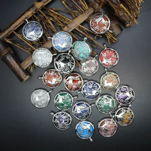 Detailed view of colorful reindeer pendants with various natural stones and crystals