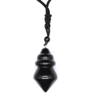 Detailed close-up of a black stone conical pendulum pendant with a black woven rope cord