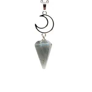 Detailed macro view of a natural labradorite hexagonal cone pendant with silver moon
