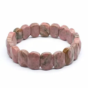 Faceted natural rhodonite stone bracelet featuring distinctive pink and black marble patterns
