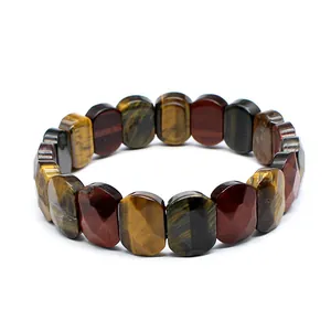 Detailed view of faceted multicolored tiger's eye stone beads on a stretch bracelet