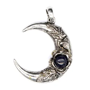 Colgante de luna creciente vintage en plata con grabados florales y piedra azul