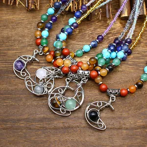 Collana con Pendente a Luna in Pietra Naturale Boema Sette Chakra Cristallo Avvolto in Filo Gioielli Per Donne Regalo Spirituale