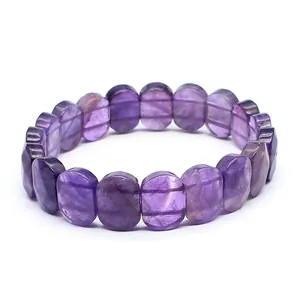 Detailed view of faceted natural purple amethyst flat bead bracelet for elegant women