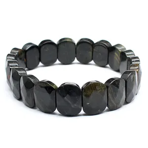 Detailed close-up view of faceted colorful tiger eye stone bracelet with natural mineral texture