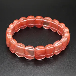 High-quality detail of natural faceted strawberry quartz tablet bracelet for women