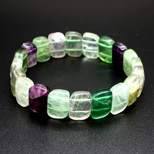 Close-up of multi-colored fluorite crystal hand row bracelet with square cut stones