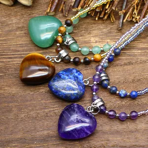Natural Stone Heart Pendant Necklace for Women Korean Style Amethyst Lapis Lazuli Tiger Eye Green Aventurine Acrylic Beaded Chain Necklace Jewelry Gift