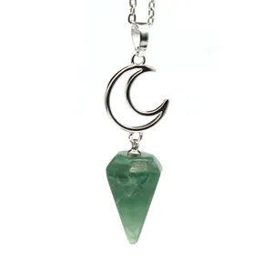 Detail view of crescent moon necklace with green natural stone hexagonal cone pendant