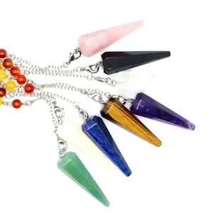 Natural Stone Hexagonal Cone Pendulum Healing Crystal Pendant Necklace With 7 Chakra Beads Star Moon Charm For Reiki Dowsing Divination Spiritual Jewelry Gift