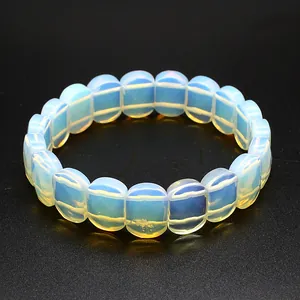 Elegant iridescent opalite stone rectangular bead elastic hand plate bracelet for women