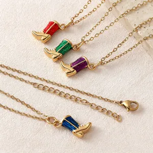 Gold-plated stainless steel cowboy boot enamel pendant necklaces in multiple colors