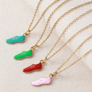 Gold plated stainless steel soccer cleat pendant necklace with colorful enamel charms
