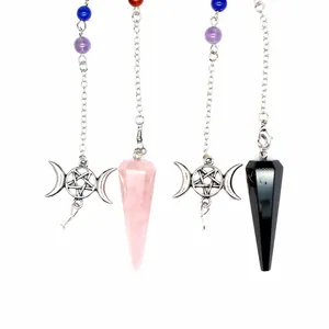 Collection of natural stone hexagonal cone pendulums with chakra beads and pentagram charm