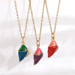 Ocean Series Stainless Steel Gold Plated Conch Enamel Pendant Necklace Personalized Women Jewelry Summer Beach Chain