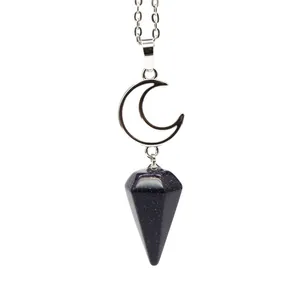 Hexagonal cone blue sandstone pendant necklace with silver moon detail on white back