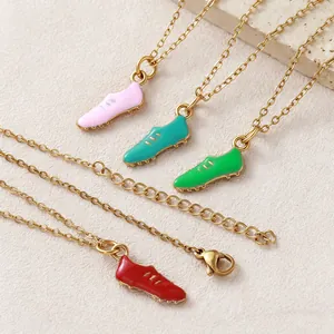 Gold-plated stainless steel soccer shoe pendant necklaces in many vibrant colors