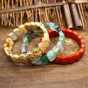 Macro detail of faceted natural stone bracelets with crystal and agate textures