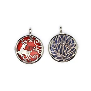 Detailed view of silver-toned circular pendants featuring reindeer and leaf cutout designs.