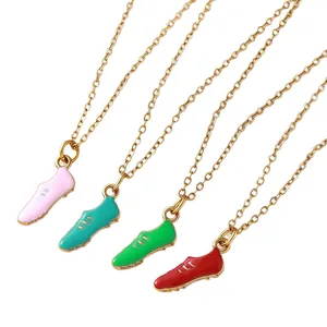 Gold plated stainless steel soccer shoe necklaces in pink, green, and red color variants