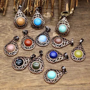 Collection of natural stone teardrop pendants with antique copper hollow frames