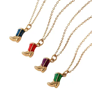 Elegant gold plated stainless steel cowboy boot pendant necklaces with colorful enamel finish