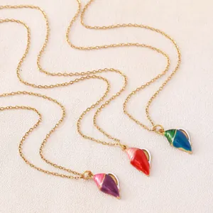 Gold plated stainless steel necklaces with colorful enamel shell pendants for women