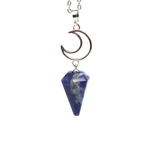 Close-up of blue natural stone hexagonal cone pendant with silver moon on a chain