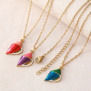 Gold plated stainless steel necklaces with colorful enamel conch shell pendants