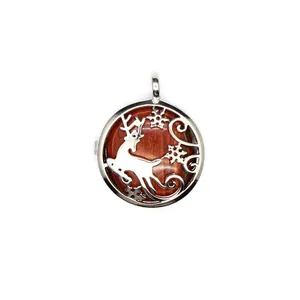 Macro view of a silver reindeer locket pendant with a textured red stone inlay design