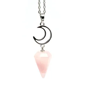 Detail showing rose quartz hexagonal cone and silver crescent moon pendant