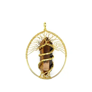 Exquisite handmade gold wire-wrapped Tree of Life pendant with tiger eye hexagonal pillar.