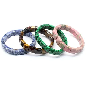 Set of four natural stone square bead bracelets in blue, tiger eye, green, and pink.