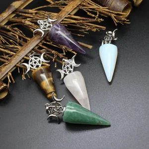 Kristall Kegel Pendel Anhänger Ohne Kette Mond Stern Wicca Mystisch Sechseckig Kegelförmig Heilstein Poliert Kristallspitze Charme Schmuckherstellung DIY Zubehör