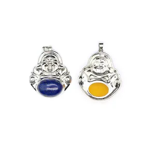 Detail of Maitreya Buddha pendants with lapis lazuli and tiger eye stone settings