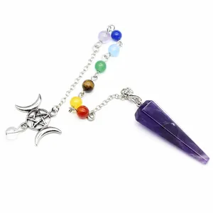Detailed view of amethyst hexagonal pendulum with 7 chakra beads and metal charm