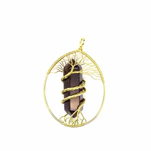 Detail view of handmade tree of life wire-wrapped hexagonal crystal pendant necklace.