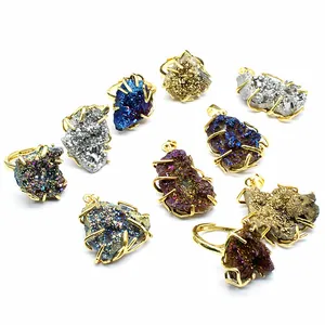 Assortment of electroplated colorful druzy agate crystal cluster rings and pendants in gold setting