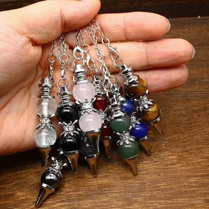 Various 12mm natural stone crystal pendulum pendants with silver-toned chain
